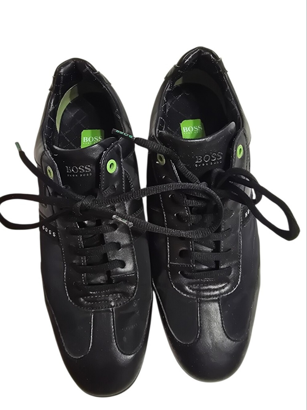 Boss Black Leather Sneakers with Green Eyelet Accents